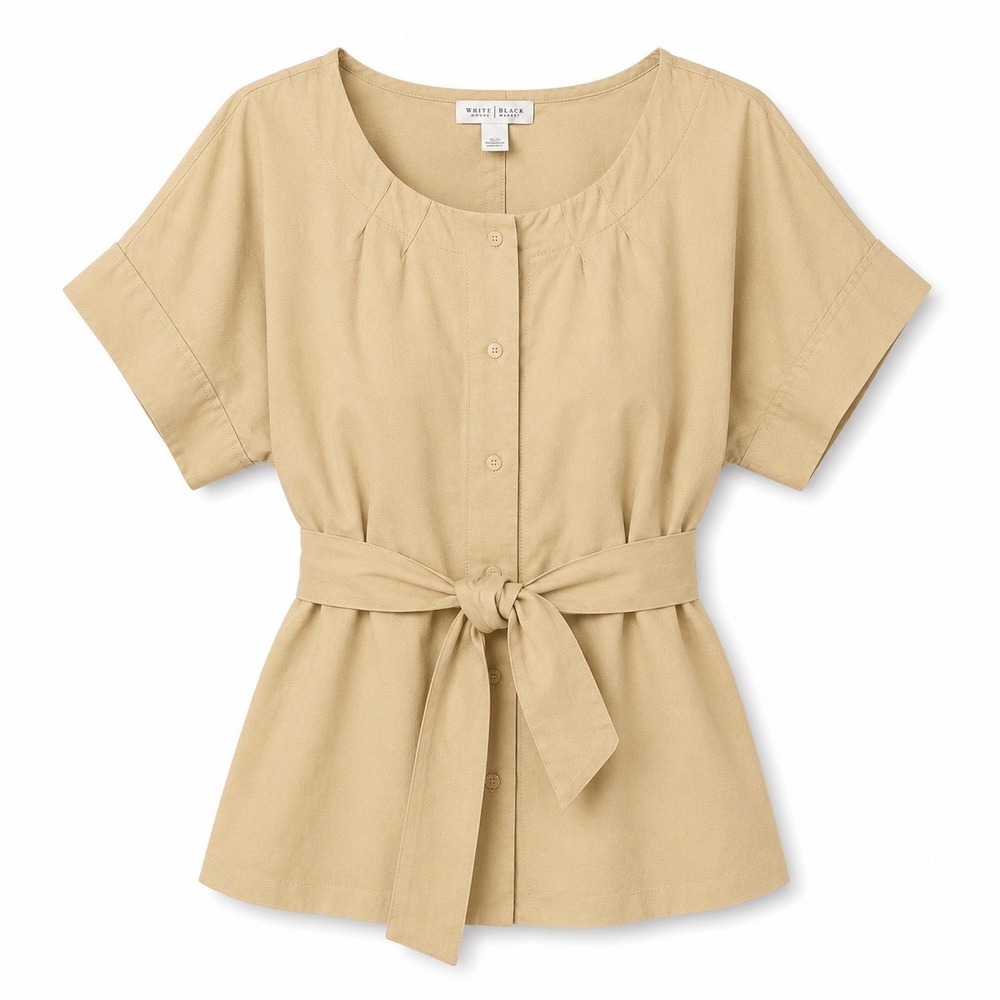 White House Black Market Beige Belted Short Sleeve Blouse Top Size 4